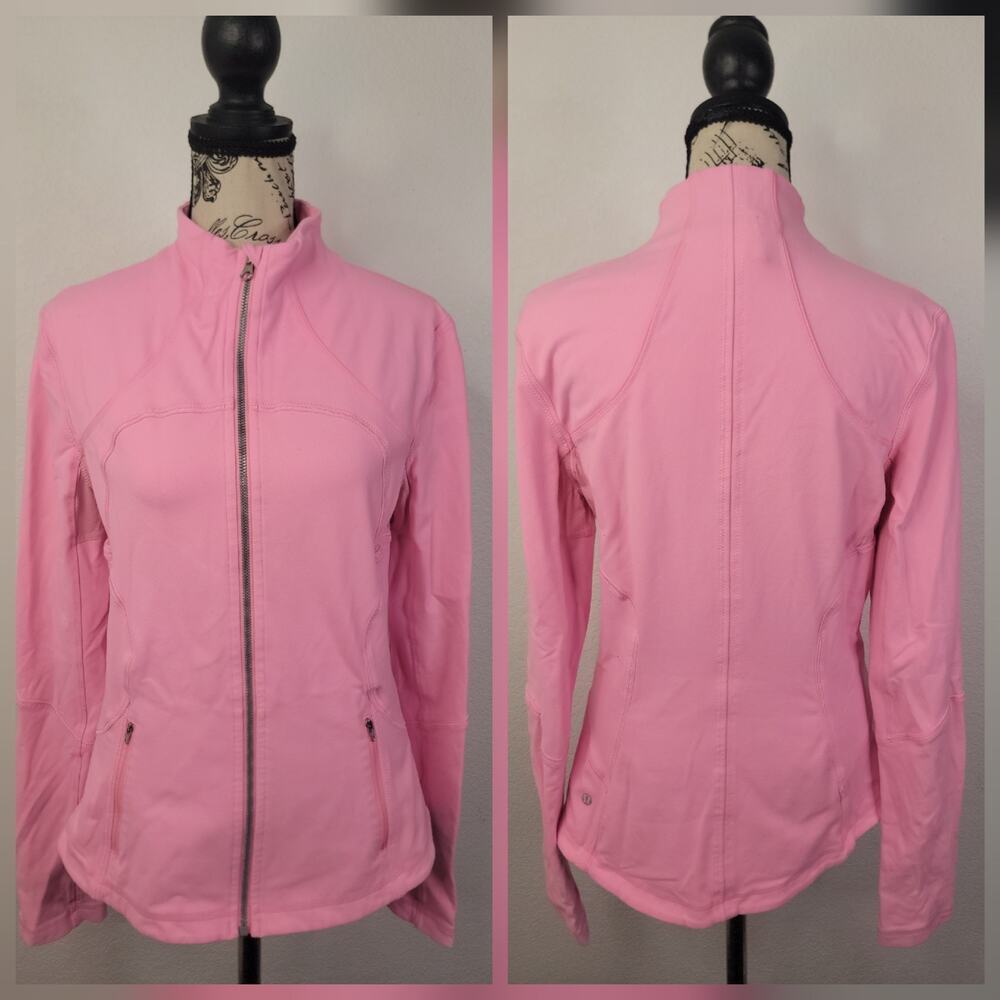Lululemon Jacket Womens Sz 10 Zip Up Thumbholes Fitted Athletic Pink Logo
